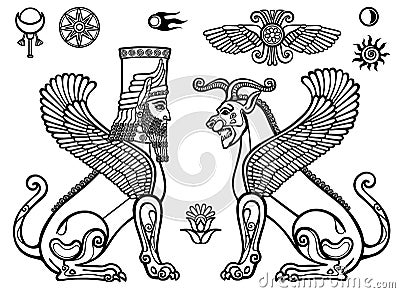 Graphic set: figures of the Assyrian mythology - a lion and a sphinx of people. Vector Illustration