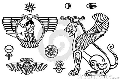 Graphic set: figures of the Assyrian mythology - winged god and a lion a sphinx. Vector Illustration