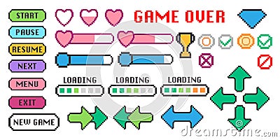 Graphic set game collection pixel 8 bit arcade video game icon interface Vector Illustration