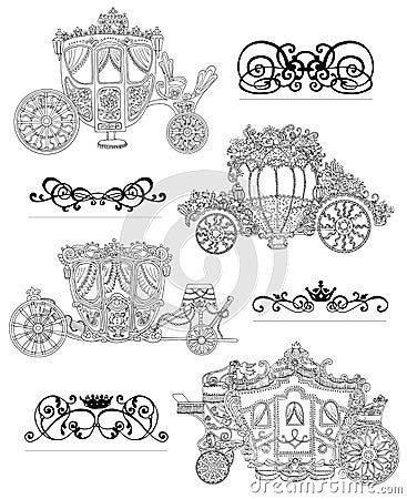 Graphic set with old carriages and vignette patterns isolated on white Vector Illustration