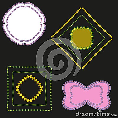 Graphic set of square and round frames and strips of geometric shapes with floral ornament motifs for cards or icons for the Vector Illustration