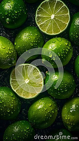 Juicy limes, some whole and some halved, covered in droplets of water against a dark background. Stock Photo