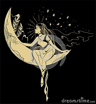 Graphic silhouette of a art deco woman. Moon and stars queen. Flat style illustration. Fashion luxury Vector Illustration