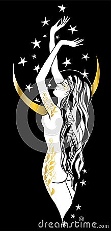 Graphic silhouette of a art deco woman. Moon and stars queen. Flat style illustration. Fashion luxury. Feminine concept Vector Illustration