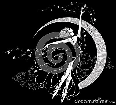 Graphic silhouette of a art deco woman. Moon and stars queen. Flat style illustration. Fashion luxury Vector Illustration