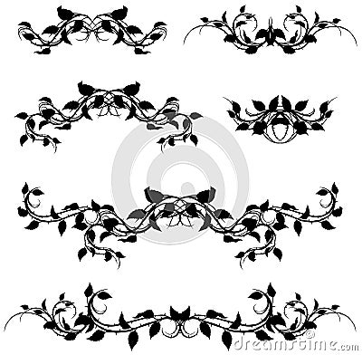 Graphic silhouette branch with leaves and thorns Vector Illustration