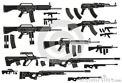 Graphic silhouette modern automatic assault rifles Vector Illustration