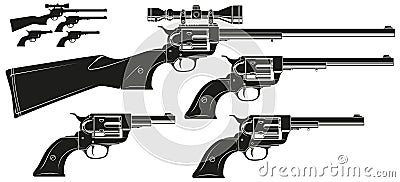 Graphic silhouette old revolver with optical sight Vector Illustration