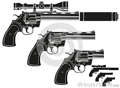 Graphic silhouette revolver with optical sight Vector Illustration