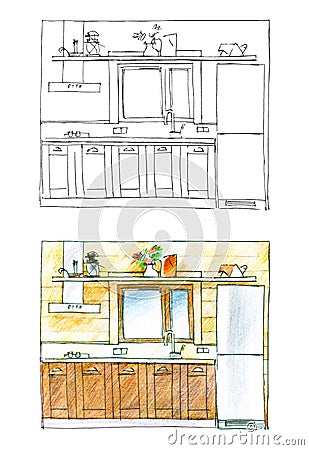 Graphic sketch and color version of a kitchen Stock Photo