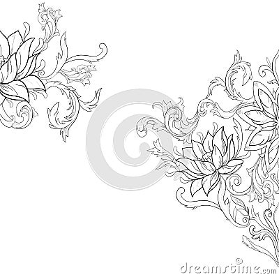 Graphic sketch of lotuses in ornament on a white background. Vector Illustration