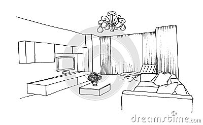 Graphic sketch room TV upholstered furniture Stock Photo