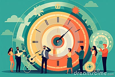 Graphic style of a team of people on the background of a huge clock. Men and women participate in the discussion of the business Stock Photo
