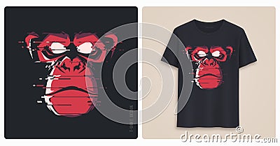 Graphic tee shirt design, print with glitch styled angry chimp. Vector Illustration