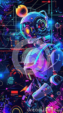 Graphic of Vector art showing a robot developing strategic insights highlighted by neon colors and abstract hitech elements Stock Photo