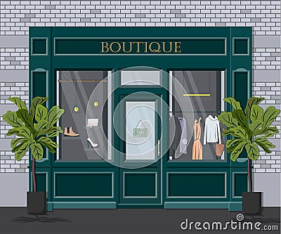 Graphic vector facade vintage boutique. Detailed Illustration of a clothes shop in a flat style. Retail storefront Vector Illustration