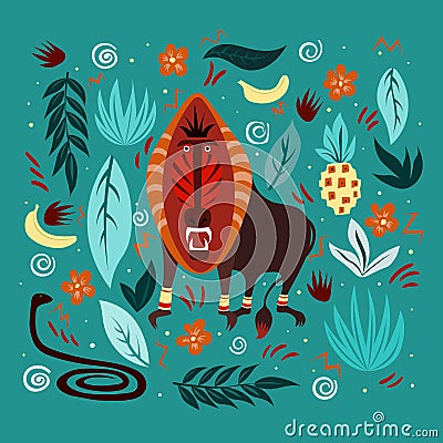 Graphic vector illustration with ornaments and symbols. Dangerous and evil monkey with open maw, snake and jungle nature Vector Illustration