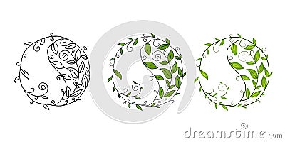 Graphic vector symbol Yin Yang. Design element with floral motif. Vector Illustration