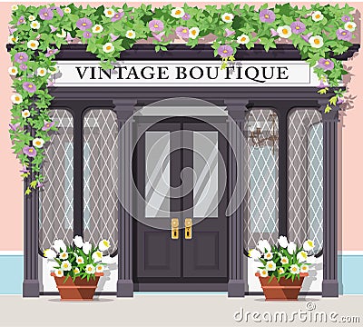 Graphic vintage boutique. Detailed stylish shop. Storefront. Flat style. Vector Illustration