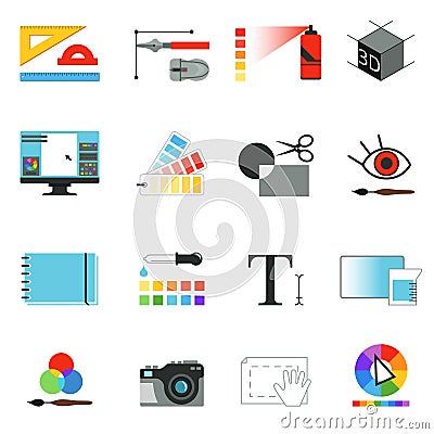 Graphic or web designers tools. Different working elements for graphical artists. Vector pictures set isolate Vector Illustration