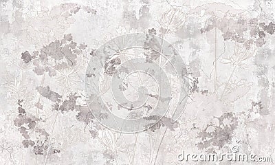 Graphic wildflowers painted on a light concrete grunge wall. Stock Photo