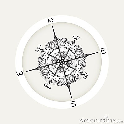 Graphic wind rose compass drawn with floral elements Vector Illustration