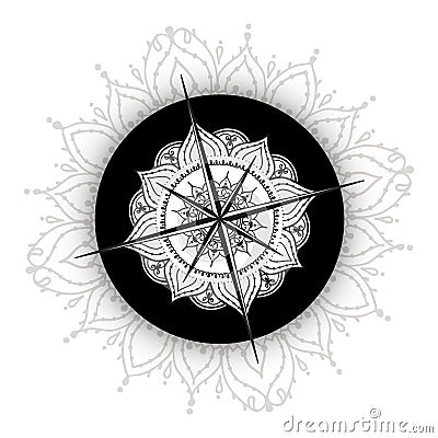 Graphic wind rose compass drawn with floral elements Vector Illustration