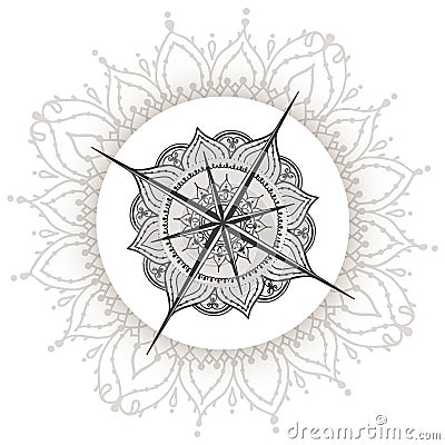 Graphic wind rose compass drawn with floral elements Vector Illustration