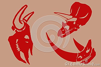 Graphical color set of red silhouettes of skulls of dinosaurs , vector illustration Vector Illustration