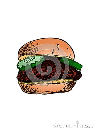 Graphical delicious hamburger with meat and cucumbers , vector fast food element for design, color illustration . Vector Vector Illustration