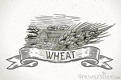 Graphical farm with sheaf of wheat and tapes Vector Illustration