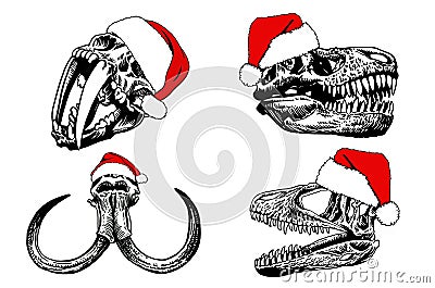 Graphical hand-drawn collection of vector skulls of dinosaurs, smilodon and mammoth in Santa Claus hats Vector Illustration