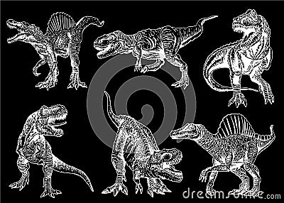 Graphical hand-drawn set of dinosaurs isolated on black,vector Vector Illustration