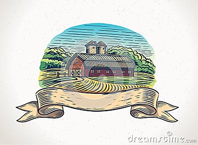 Graphical countryside landscape with farm Vector Illustration