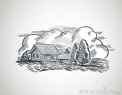 Graphical illustration of a countryside landscape, with village. Vector Illustration