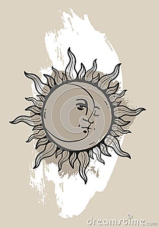 Graphical illustration. Sun and moon line art, beige pattern background Cartoon Illustration