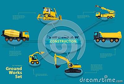 Graphical isometric layout construction machinery. Collection heavy machinery for construction. Vector Illustration