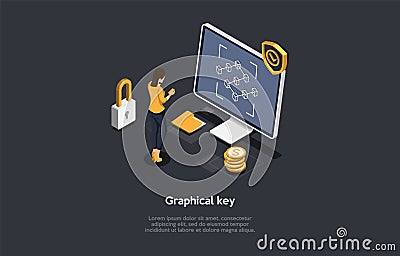 Graphical Key System Unlock Concept Illustration On Dark Background. Cartoon Style 3D Composition. Isometric Vector Vector Illustration