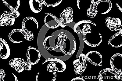 Graphical pattern with skull of mammoth on black background. Vector wallpaper paleontology Vector Illustration