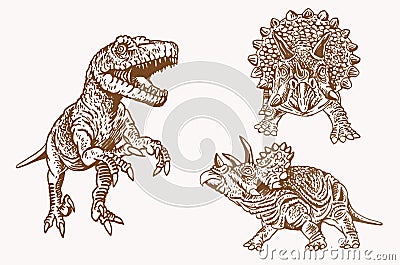 Graphical sepia set of dinosaurs, vintage background,vector elements,paleontology Vector Illustration