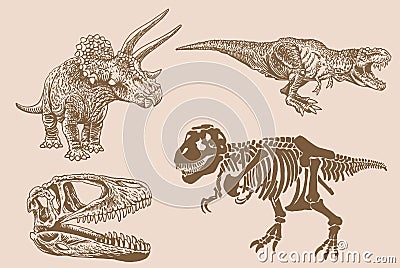 Graphical set of dinosaurs on sepia background,vector vintage illustration for tattoo and printing Vector Illustration