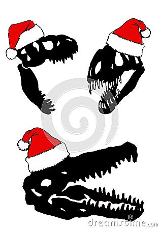 Graphical set of silhouettes of dinosaur skulls in Santa Claus red hat ,vector Christmas elements Vector Illustration