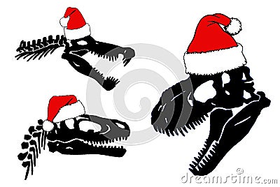 Graphical set of silhouettes of dinosaur skulls in Santa Claus red hat ,vector Christmas elements Vector Illustration