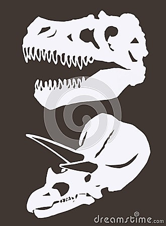 Graphical set of white silhouettes of skulls of dinosaurs on brown background, vector color illustration Vector Illustration