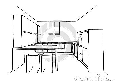 Graphical sketch of an interior kitchen Stock Photo