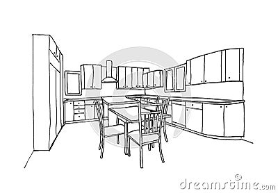 Graphical sketch of an interior kitchen Stock Photo