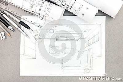 Graphical sketch by pencil of interior living room with drawing Stock Photo