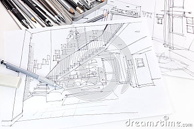 graphical sketches of living room interior and furniture blueprint with various drawing tools Stock Photo