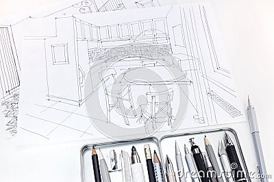 Graphical sketches of modern kitchen interior with drawing tools Stock Photo