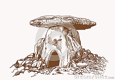 Graphical vintage sketch of dolmen, sepia background,vector illustration Krasnodar, Russia Cartoon Illustration